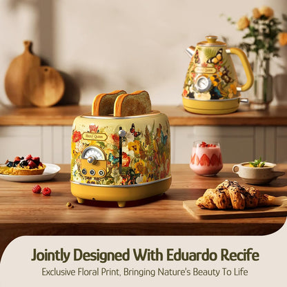 Torradeira Hazel Quinn X Eduardo Recife Floral Retro 2 Fatias 850W 6 Níveis 3 Funções Bandeja Removível Slots Largos Inox 110V