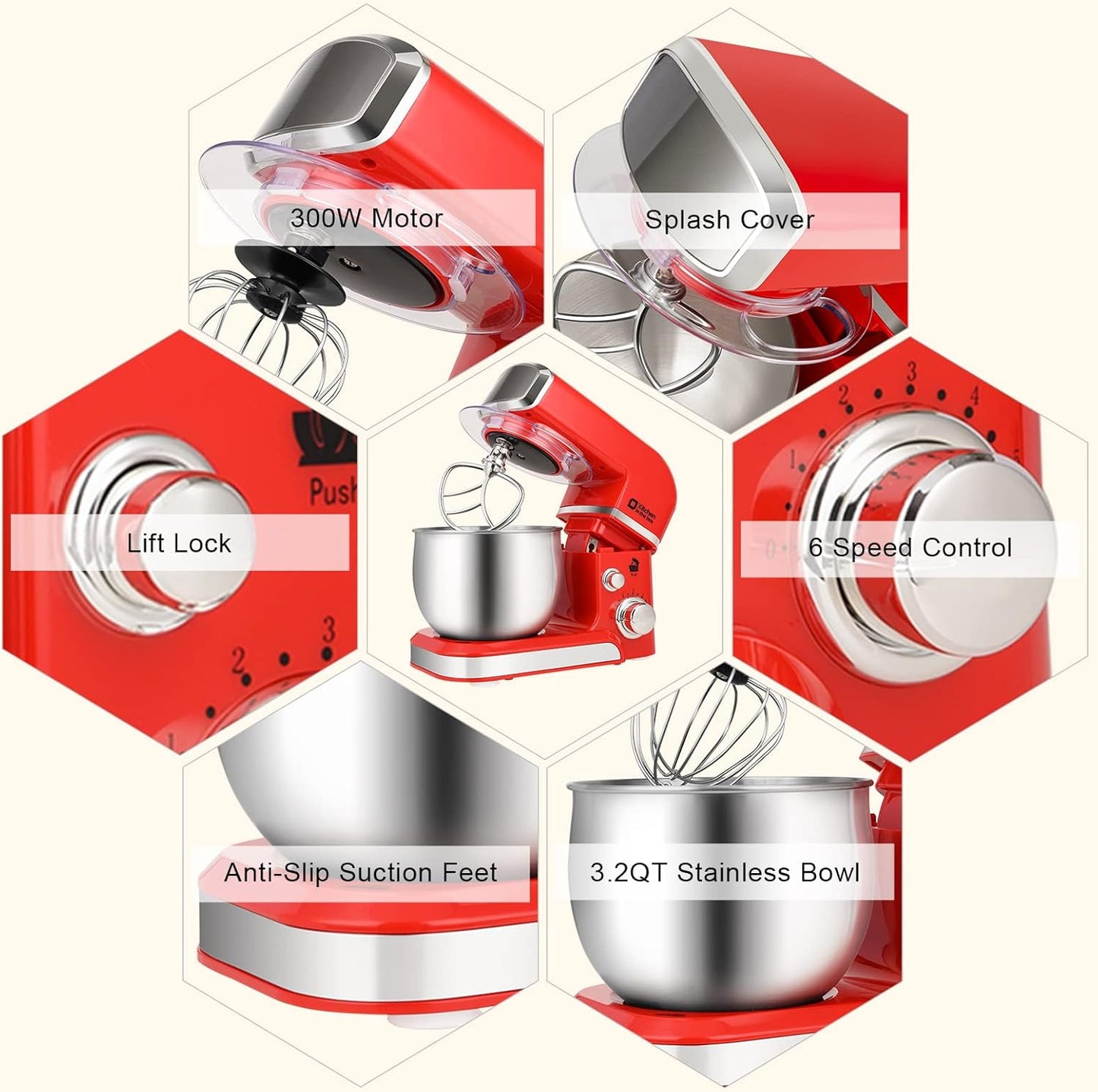 Batedeira Planetária Kitchen in the box Vermelha 6 Velocidades 3L 300W Compacta Bowl Inox Acessórios Laváveis 110V