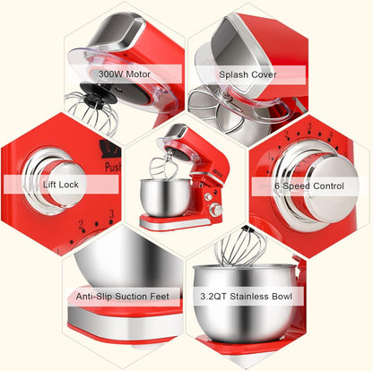 Batedeira Planetária Kitchen in the box Vermelha 6 Velocidades 3L 300W Compacta Bowl Inox Acessórios Laváveis 110V
