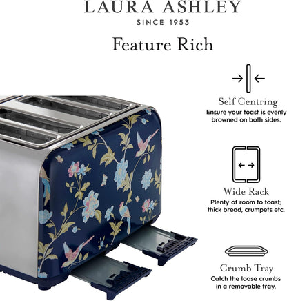 Torradeira 4 Fatias em Aço Inox Laura Ashley Azul Marinho com estampa floral Elveden, Slots Largos, 7 Níveis, Funções Descongelar, Reaquecer, Rack para Croissants, 1500W, 110V
