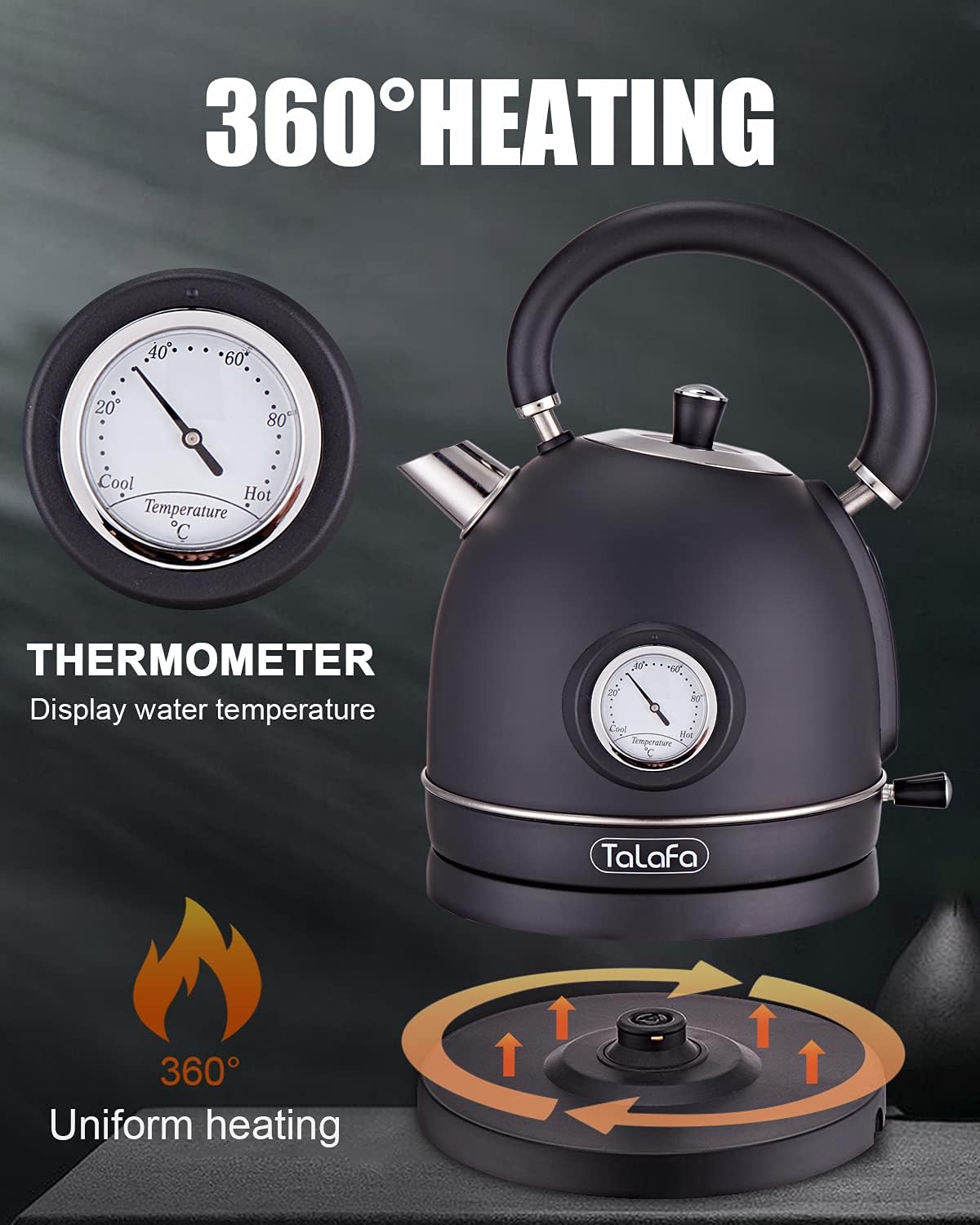 Chaleira Elétrica Retrô Talafa Preta 1,7L 1500W Inox 304 Termômetro Proteção Contra Secagem Auto Desligamento Rápida 110V