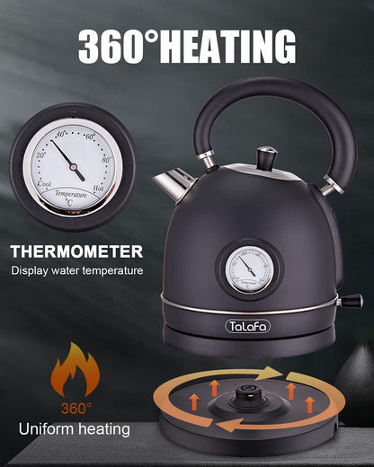 Chaleira Elétrica Retrô Talafa Preta 1,7L 1500W Inox 304 Termômetro Proteção Contra Secagem Auto Desligamento Rápida 110V