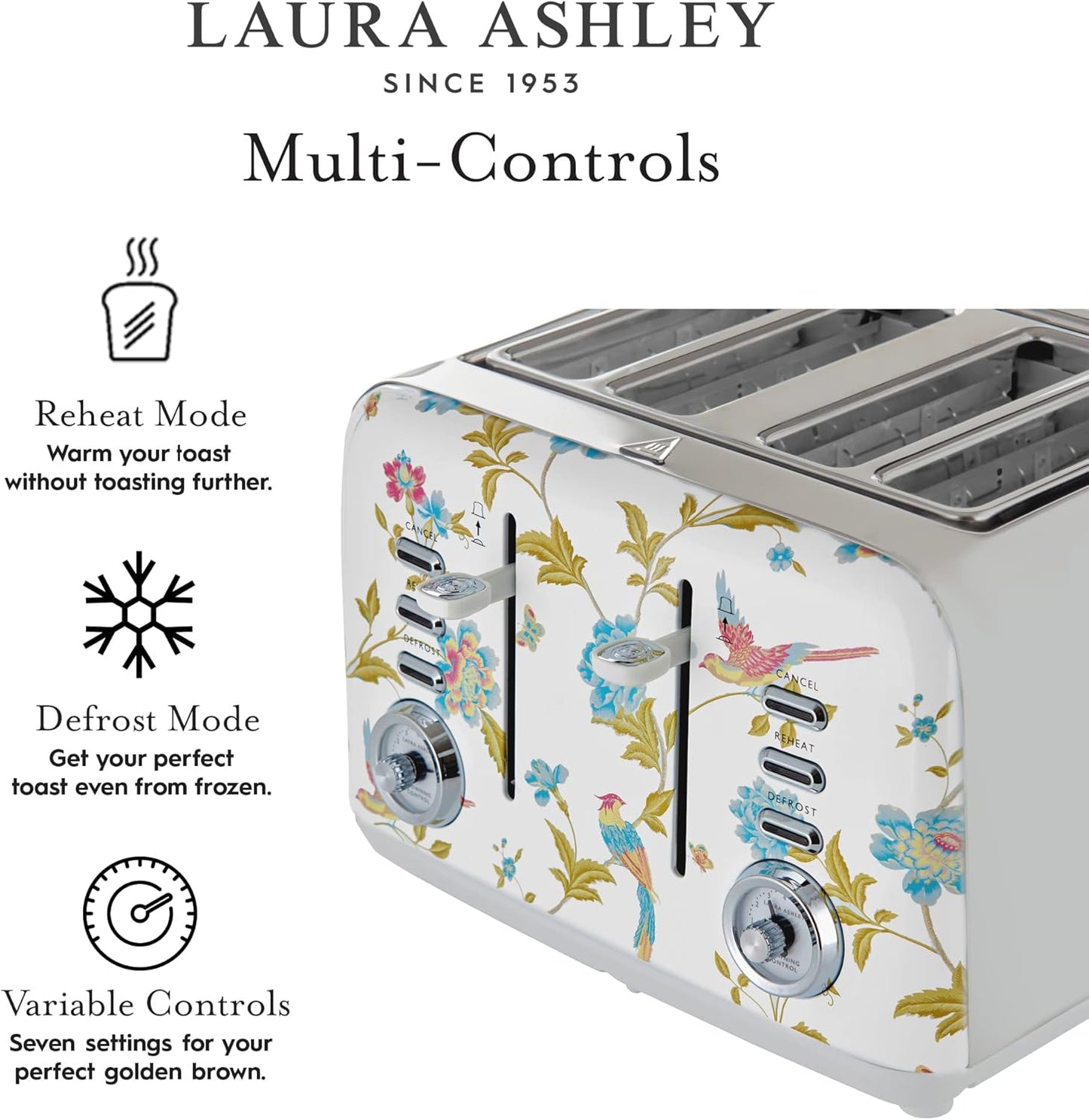 Torradeira 4 Fatias em Aço Inox Laura Ashley Branco com estampa floral Elveden, Slots Largos, 7 Níveis, Funções Descongelar, Reaquecer, Rack para Croissants, 1500W, 110V