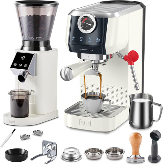 Máquina de Café Espresso Tuni E2 + Moinho G1, 20 Bar, Dupla Caldeira, 48 Ajustes, Kit Barista, 110V