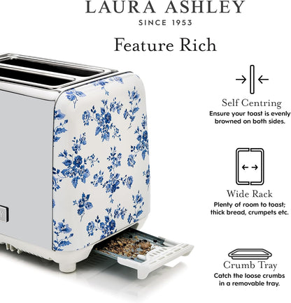 Torradeira 2 Fatias em Aço Inox Laura Ashley Rosa China com estampa floral, Slots Largos, 7 Níveis, Funções Descongelar, Reaquecer, Rack para Croissants, 850W, 110V