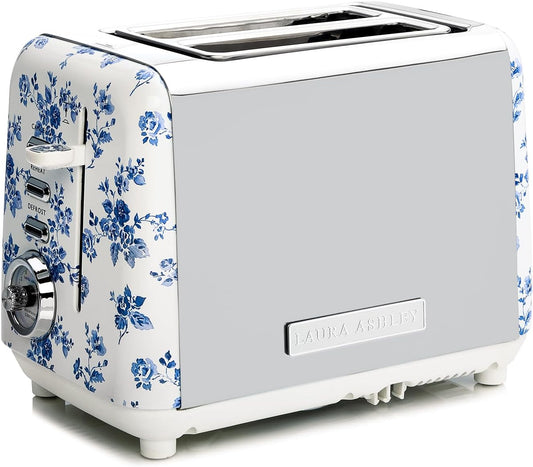 Torradeira 2 Fatias em Aço Inox Laura Ashley Rosa China com estampa floral, Slots Largos, 7 Níveis, Funções Descongelar, Reaquecer, Rack para Croissants, 850W, 110V