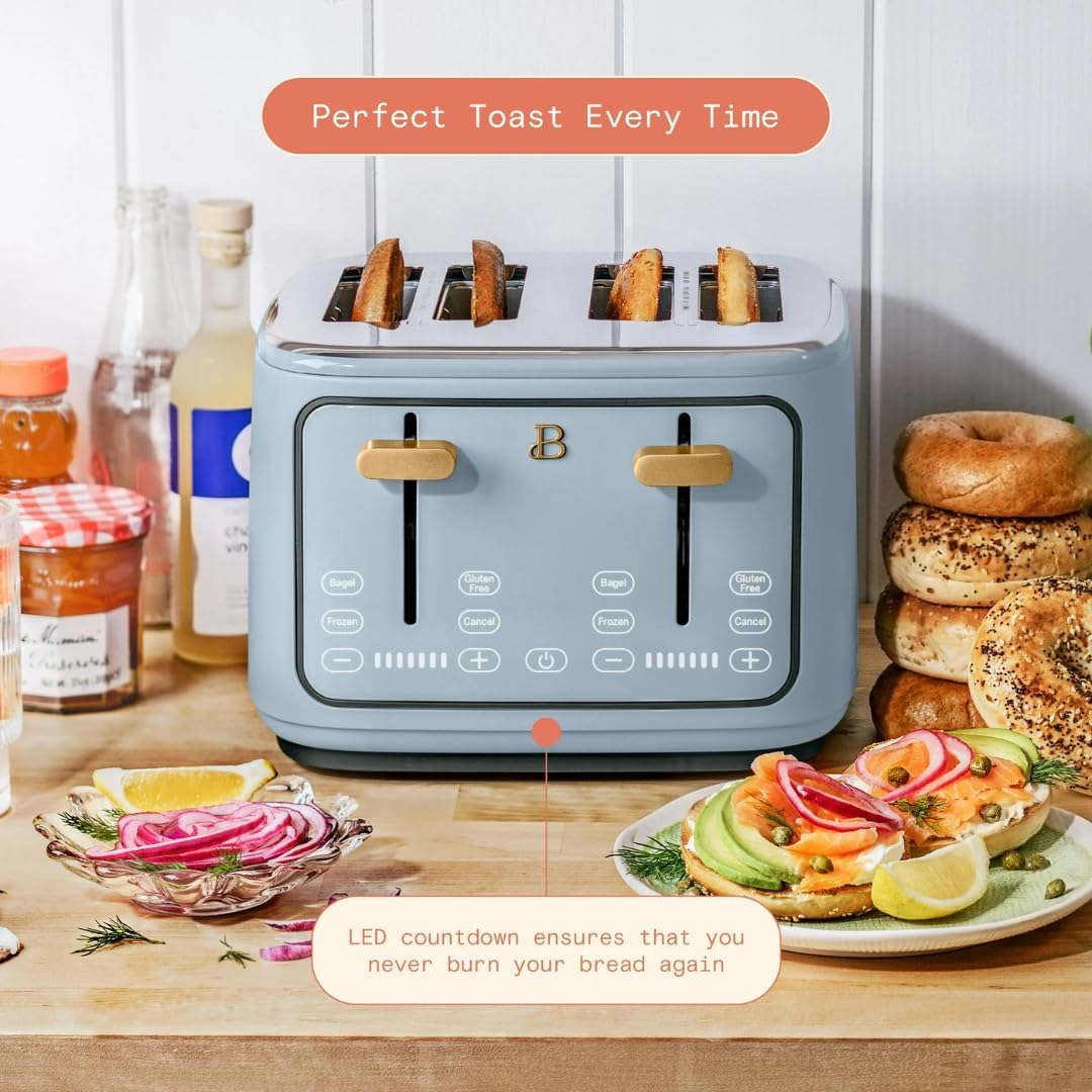 Torradeira elétrica de pão 4 fatias Beautiful Azul, 1800W, slots extralargos, display touch, funções bagel e congelados, aço inox, 110V