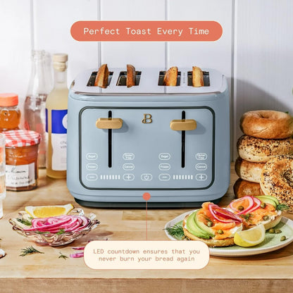 Torradeira elétrica de pão 4 fatias Beautiful Azul, 1800W, slots extralargos, display touch, funções bagel e congelados, aço inox, 110V