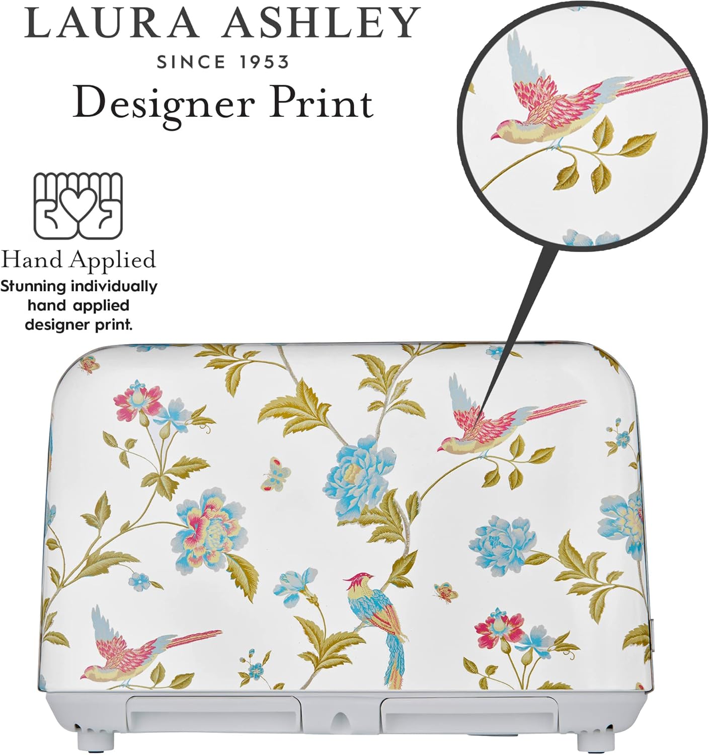 Torradeira 4 Fatias em Aço Inox Laura Ashley Branco com estampa floral Elveden, Slots Largos, 7 Níveis, Funções Descongelar, Reaquecer, Rack para Croissants, 1500W, 110V