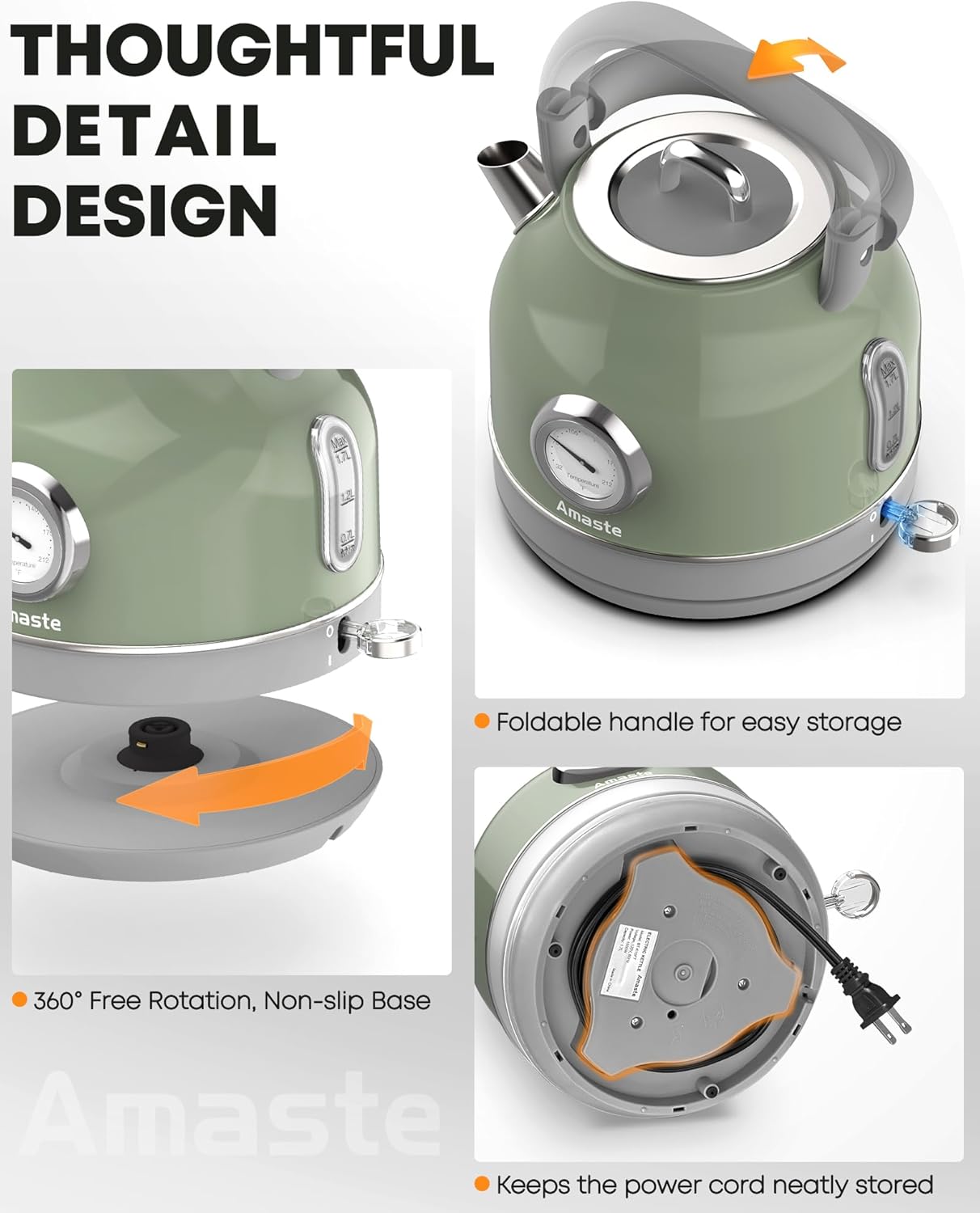 Chaleira Elétrica Amaste 1,7L Inox Verde Matcha, Termômetro Retro, 1500W, Proteção Antisseco, Tampa Removível, BT-K15FT 110V