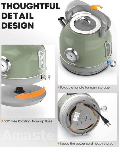 Chaleira Elétrica Amaste 1,7L Inox Verde Matcha, Termômetro Retro, 1500W, Proteção Antisseco, Tampa Removível, BT-K15FT 110V