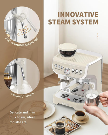 Cafeteira Espresso Amaste 15 Bar com Moinho Integrado, Vaporizador, 2L Branco, Kit Barista, Pre-Infusão, AC-517EA 110V