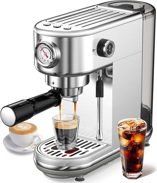 Máquina de Café Espresso Atatix Prata, 20 Bar, Vaporizador de Leite, Painel Automático, Reservatório 1,31L, 110V