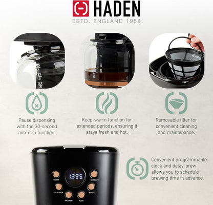 Kit Haden Dorset: torradeira 4 fatias e cafeteira 12 xícaras inox Preta & Cobre, Slots Largos, Função Descongelar, 110V