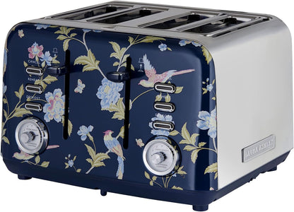 Torradeira 4 Fatias em Aço Inox Laura Ashley Azul Marinho com estampa floral Elveden, Slots Largos, 7 Níveis, Funções Descongelar, Reaquecer, Rack para Croissants, 1500W, 110V