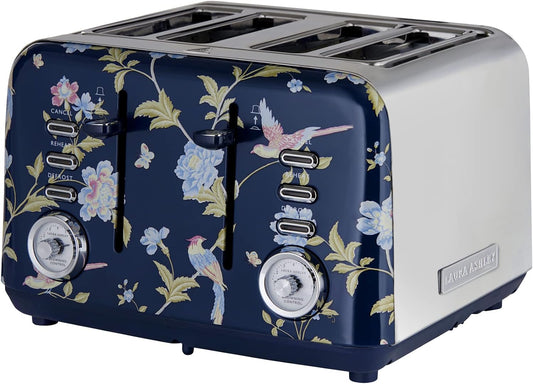 Torradeira 4 Fatias em Aço Inox Laura Ashley Azul Marinho com estampa floral Elveden, Slots Largos, 7 Níveis, Funções Descongelar, Reaquecer, Rack para Croissants, 1500W, 110V