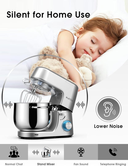Batedeira Planetária KUCCU Prata 6 Velocidades 9,5L 660W Bowl Inox Duplo Cabo Tilt-Head Pulso Antiderrapante Lavável 110V