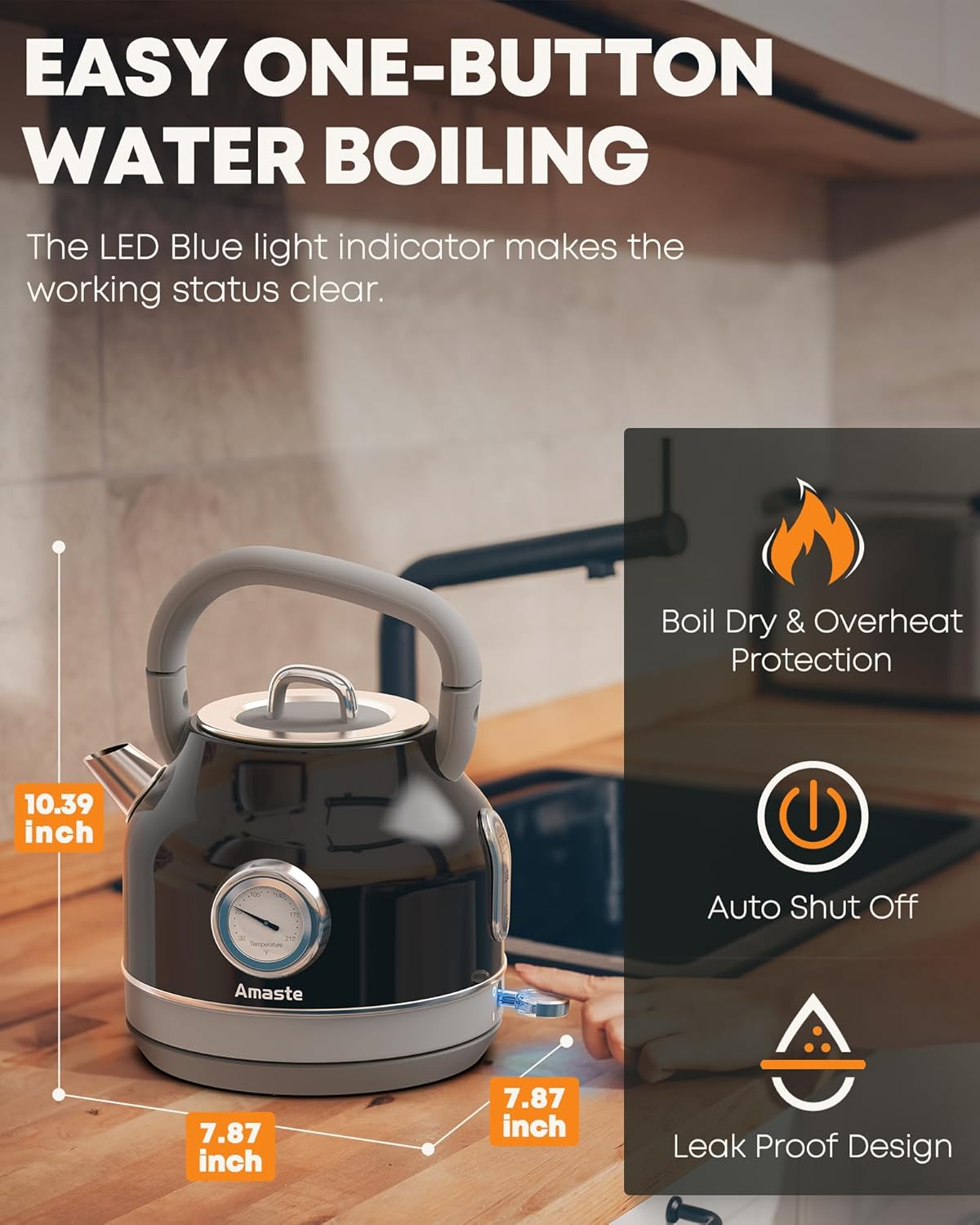 Chaleira Elétrica Amaste 1,7L Inox Preta, Termômetro Retrô, 1500W, Proteção Antisseco, Tampa Removível, BT-K15FT 110V