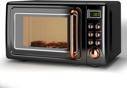 Forno micro-ondas de bancada LDAILY retrô dourado, 700W, 5 níveis de potência, menus automáticos, prato giratório, trava de segurança infantil, 20L, 110V