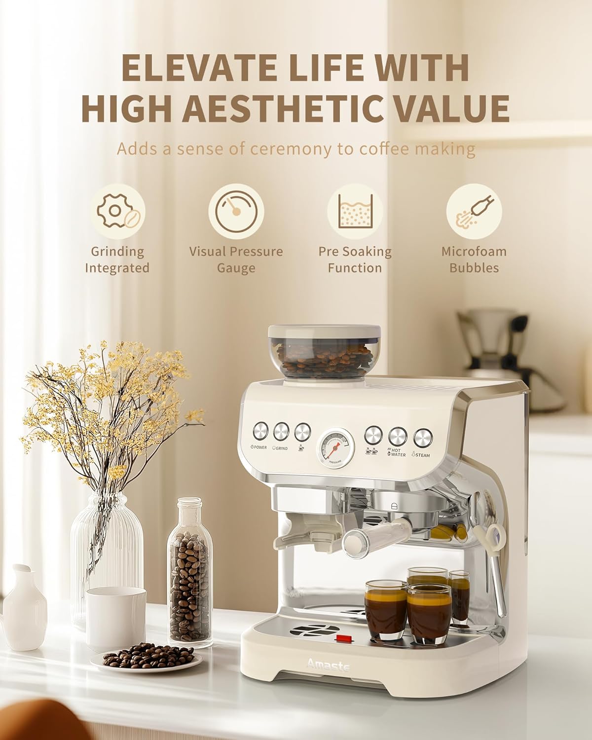 Cafeteira Espresso Amaste 15 Bar com Moinho Integrado, Vaporizador, 2L Branco, Kit Barista, Pre-Infusão, AC-517EA 110V