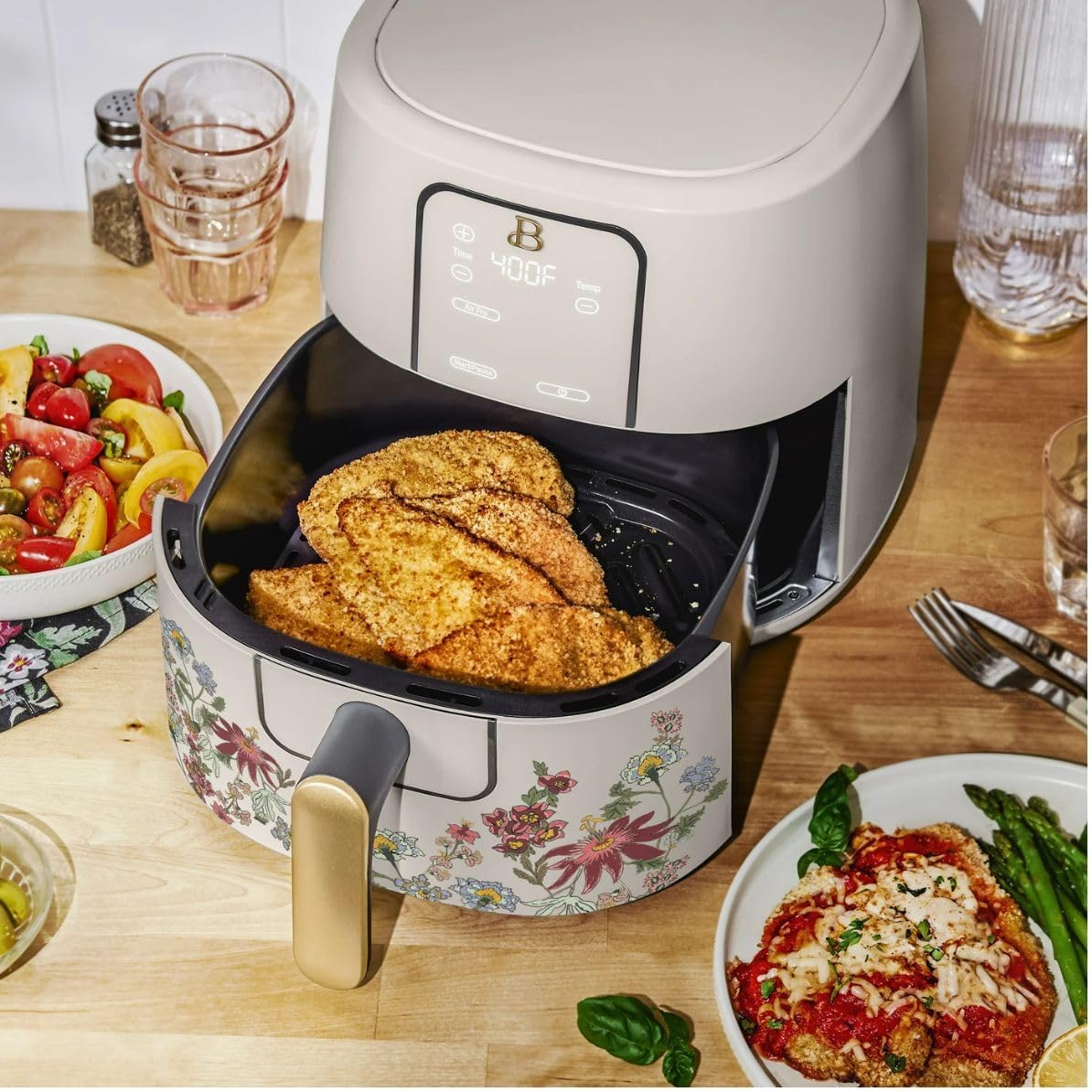 Air Fryer Digital 6L Beautiful Wildflower Porcini Taupe, TurboCrisp, 4 Funções, Display Touch, Cesto Antiad., 1750W, 110V