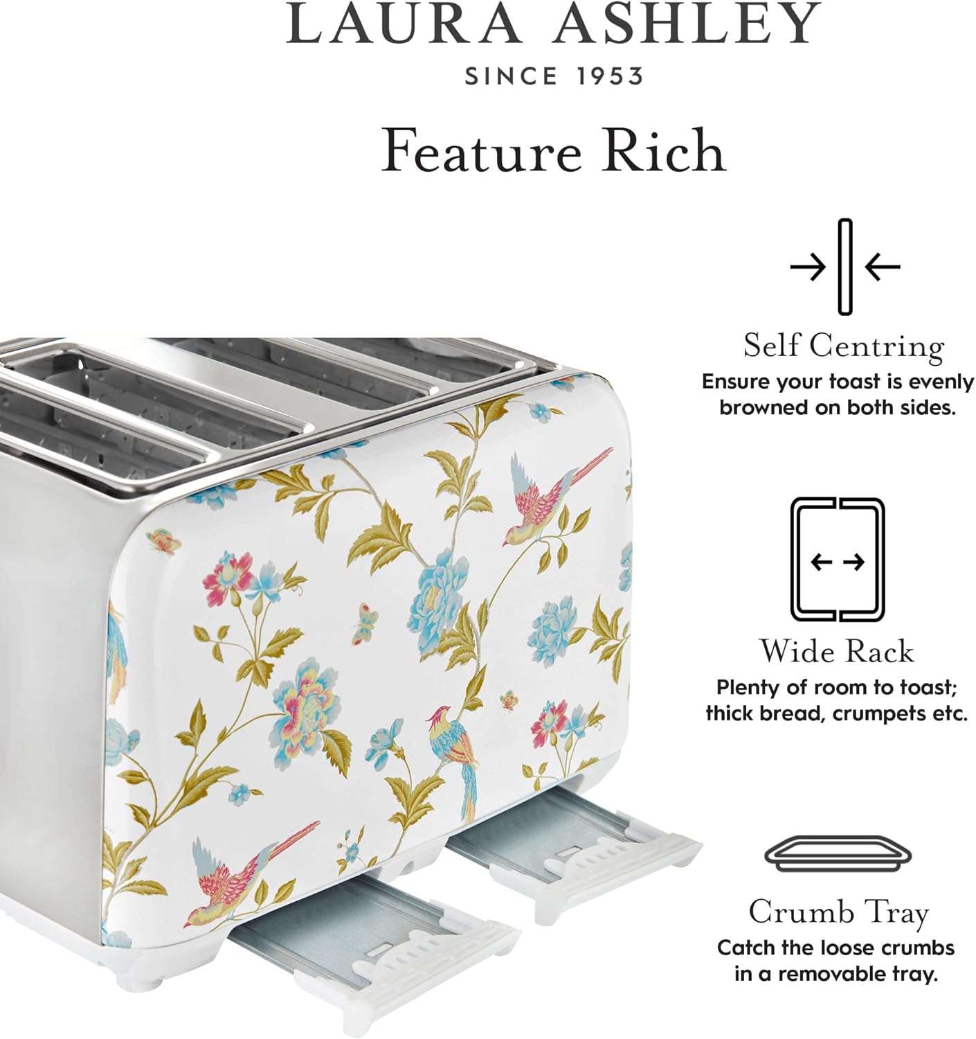 Torradeira 4 Fatias em Aço Inox Laura Ashley Branco com estampa floral Elveden, Slots Largos, 7 Níveis, Funções Descongelar, Reaquecer, Rack para Croissants, 1500W, 110V