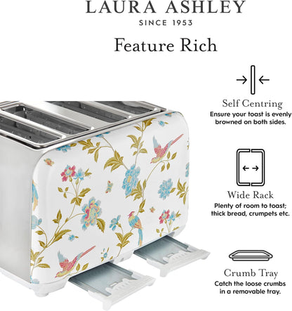 Torradeira 4 Fatias em Aço Inox Laura Ashley Branco com estampa floral Elveden, Slots Largos, 7 Níveis, Funções Descongelar, Reaquecer, Rack para Croissants, 1500W, 110V