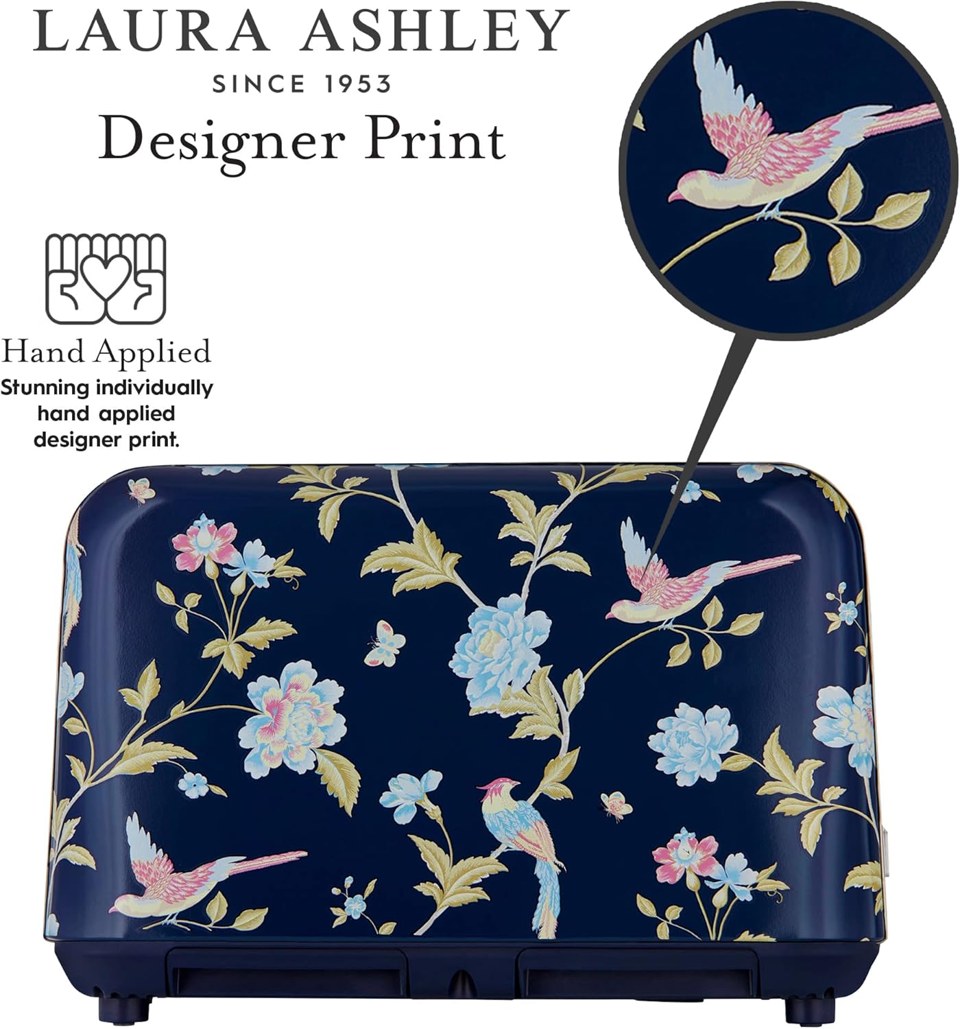 Torradeira 4 Fatias em Aço Inox Laura Ashley Azul Marinho com estampa floral Elveden, Slots Largos, 7 Níveis, Funções Descongelar, Reaquecer, Rack para Croissants, 1500W, 110V