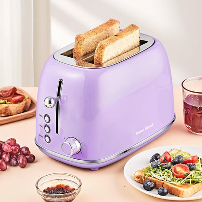 Torradeira 2 Fatias Roter Mond Retro Inox Roxo Lavanda, 6 Níveis, Funções Bagel, Descongelar, Cancelar, Slots Largos, 825W, 110V