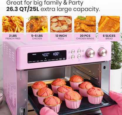 Forno Elétrico de Bancada Air Fryer Toaster Oven 10 em 1 VAL CUCINA TA25-GP3 Rosa Retrô, 26,3 L, Infravermelho, 1750 W, 110 V