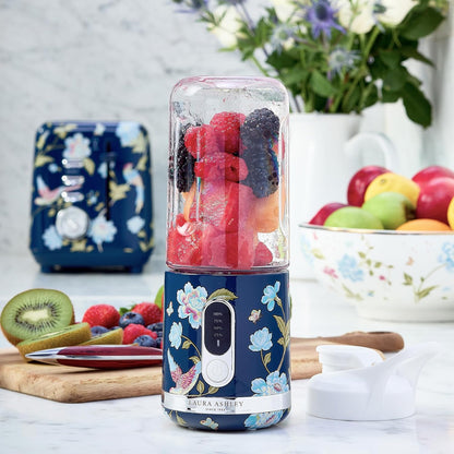 Mini Liquidificador Portátil Laura Ashley 450ml USB Elveden Navy, 100W, 6 Lâminas Inox, Smoothie, Academia, Viagem, Garrafa Tampa Rosqueada