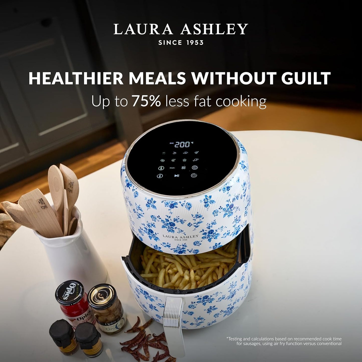 Fritadeira Elétrica Air Fryer Digital 4,5L Laura Ashley Branco com Estampa Floral China Rose 1500W 9 Programas 110V