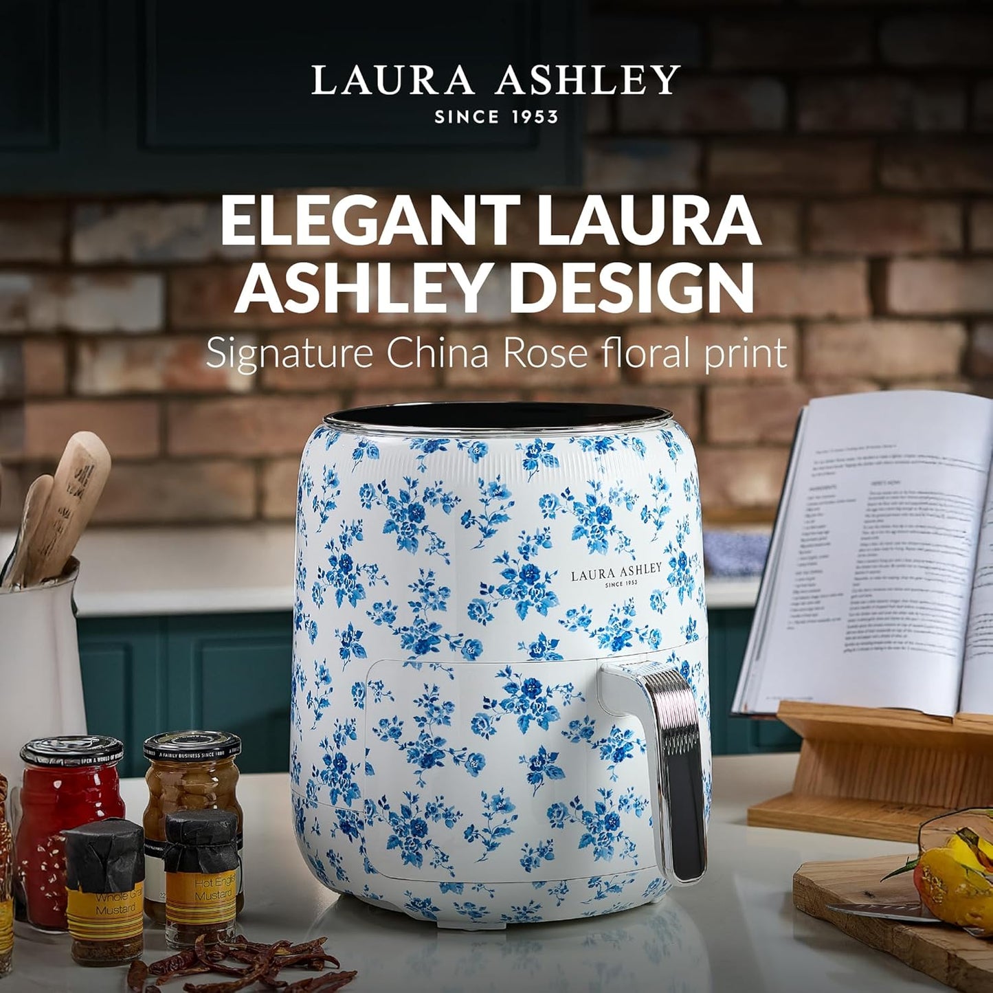 Fritadeira Elétrica Air Fryer Digital 4,5L Laura Ashley Branco com Estampa Floral China Rose 1500W 9 Programas 110V