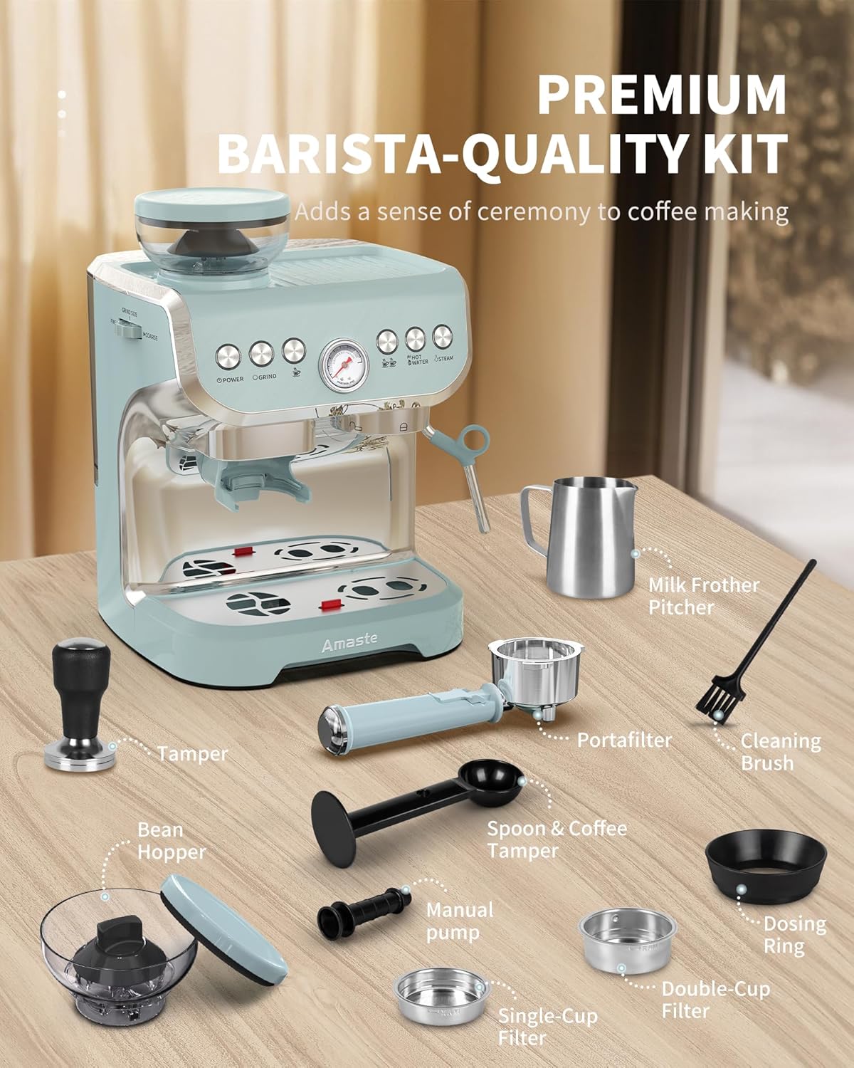 Cafeteira Espresso Amaste 15 Bar com Moinho Integrado, Vaporizador, 2L Azul, Kit Barista, Pre-Infusão, AC-517EA 110V