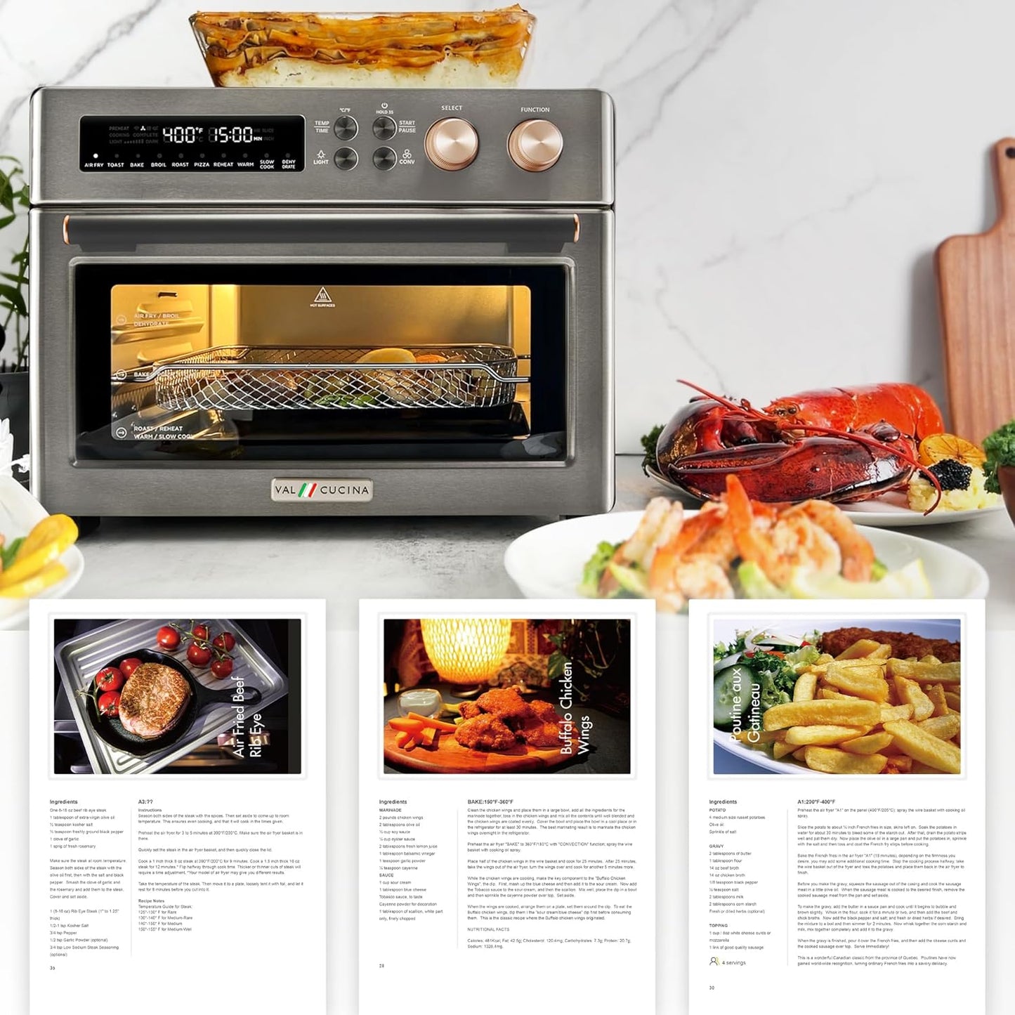 Forno Elétrico de Bancada Air Fryer Toaster Oven 10 em 1 VAL CUCINA TA25-GB3 Preto Fosco Inox, 26,3 L, Infravermelho, 1750 W, 110 V