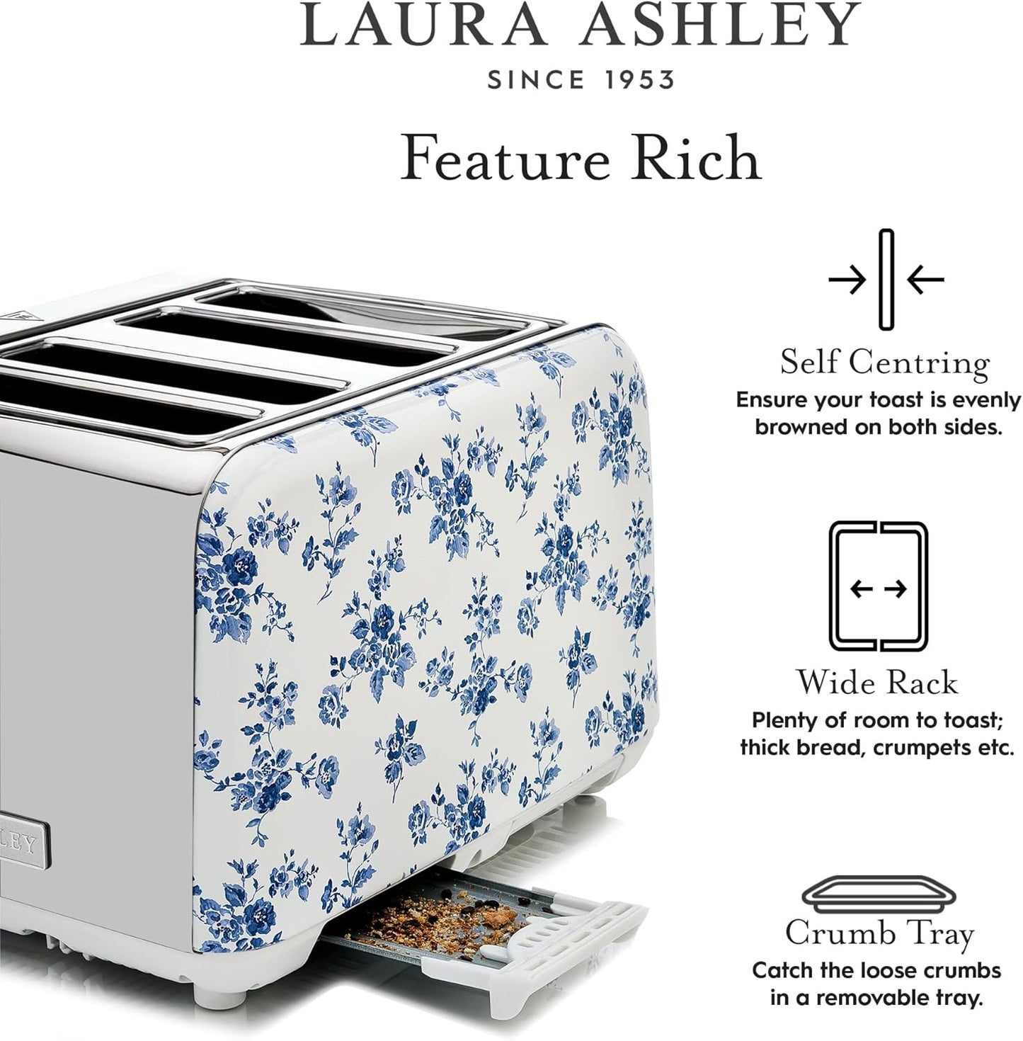 Torradeira 4 Fatias em Aço Inox Laura Ashley Rosa China com estampa floral, Slots Largos, 7 Níveis, Funções Descongelar, Reaquecer, Rack para Croissants, 1500W, 110V