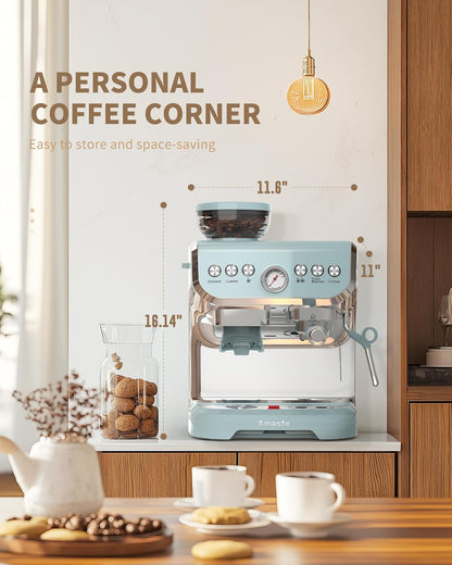Cafeteira Espresso Amaste 15 Bar com Moinho Integrado, Vaporizador, 2L Azul, Kit Barista, Pre-Infusão, AC-517EA 110V