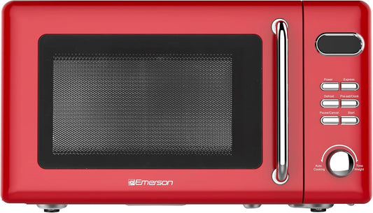 Forno Micro-ondas Retrô de Bancada 20L Emerson Vermelho Retrô 700W 5 Níveis 8 Menus Automáticos Prato de Vidro Trava de Segurança 110V