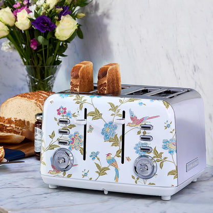 Torradeira 4 Fatias em Aço Inox Laura Ashley Branco com estampa floral Elveden, Slots Largos, 7 Níveis, Funções Descongelar, Reaquecer, Rack para Croissants, 1500W, 110V