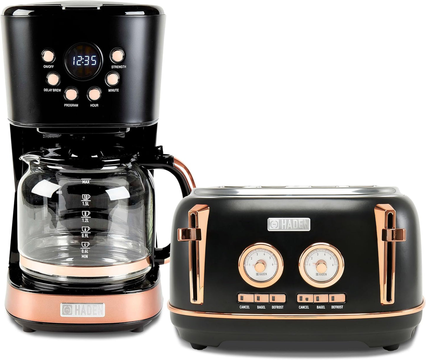 Kit Haden Dorset: torradeira 4 fatias e cafeteira 12 xícaras inox Preta & Cobre, Slots Largos, Função Descongelar, 110V