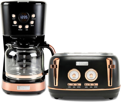 Kit Haden Dorset: torradeira 4 fatias e cafeteira 12 xícaras inox Preta & Cobre, Slots Largos, Função Descongelar, 110V