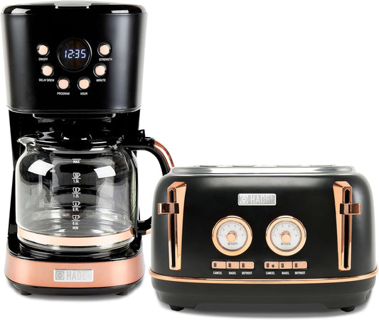Kit Haden Dorset: torradeira 4 fatias e cafeteira 12 xícaras inox Preta & Cobre, Slots Largos, Função Descongelar, 110V