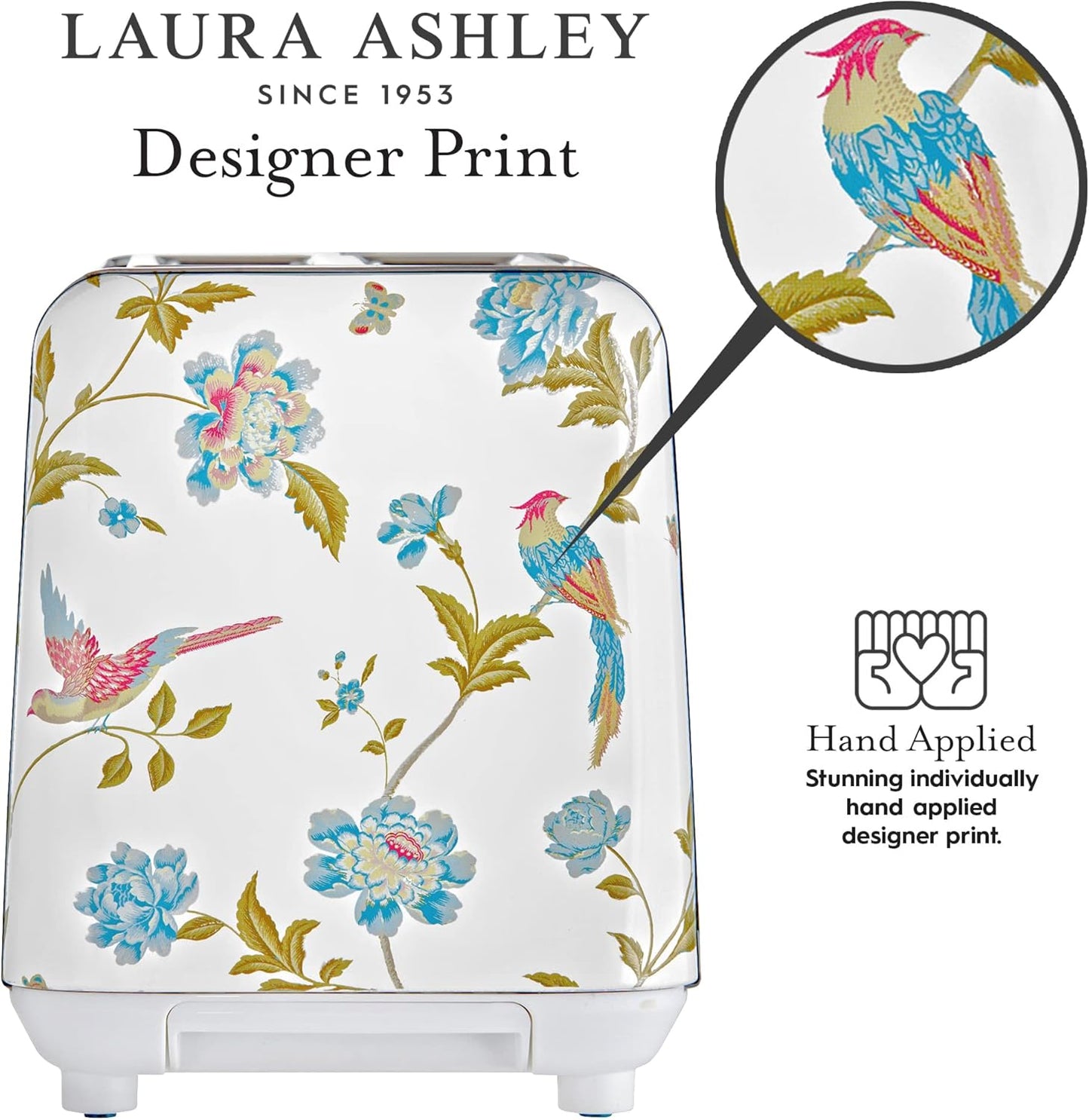 Torradeira 2 Fatias em Aço Inox Laura Ashley Branco com estampa floral Elveden, Slots Largos, 7 Níveis, Funções Descongelar, Reaquecer, Rack para Croissants, 850W, 110V