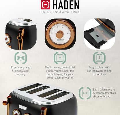 Kit Haden Dorset: torradeira 4 fatias e cafeteira 12 xícaras inox Preta & Cobre, Slots Largos, Função Descongelar, 110V