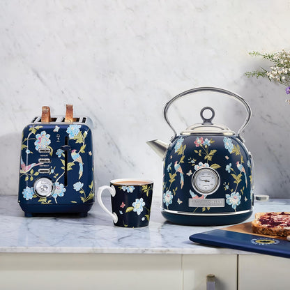 Chaleira Elétrica Laura Ashley 1,7L Inox Azul Marinho com Estampa Floral Elveden, Termômetro Externo, Filtro Removível, Dome VQ-SBPKK336-LAEN-US 1500W 110V