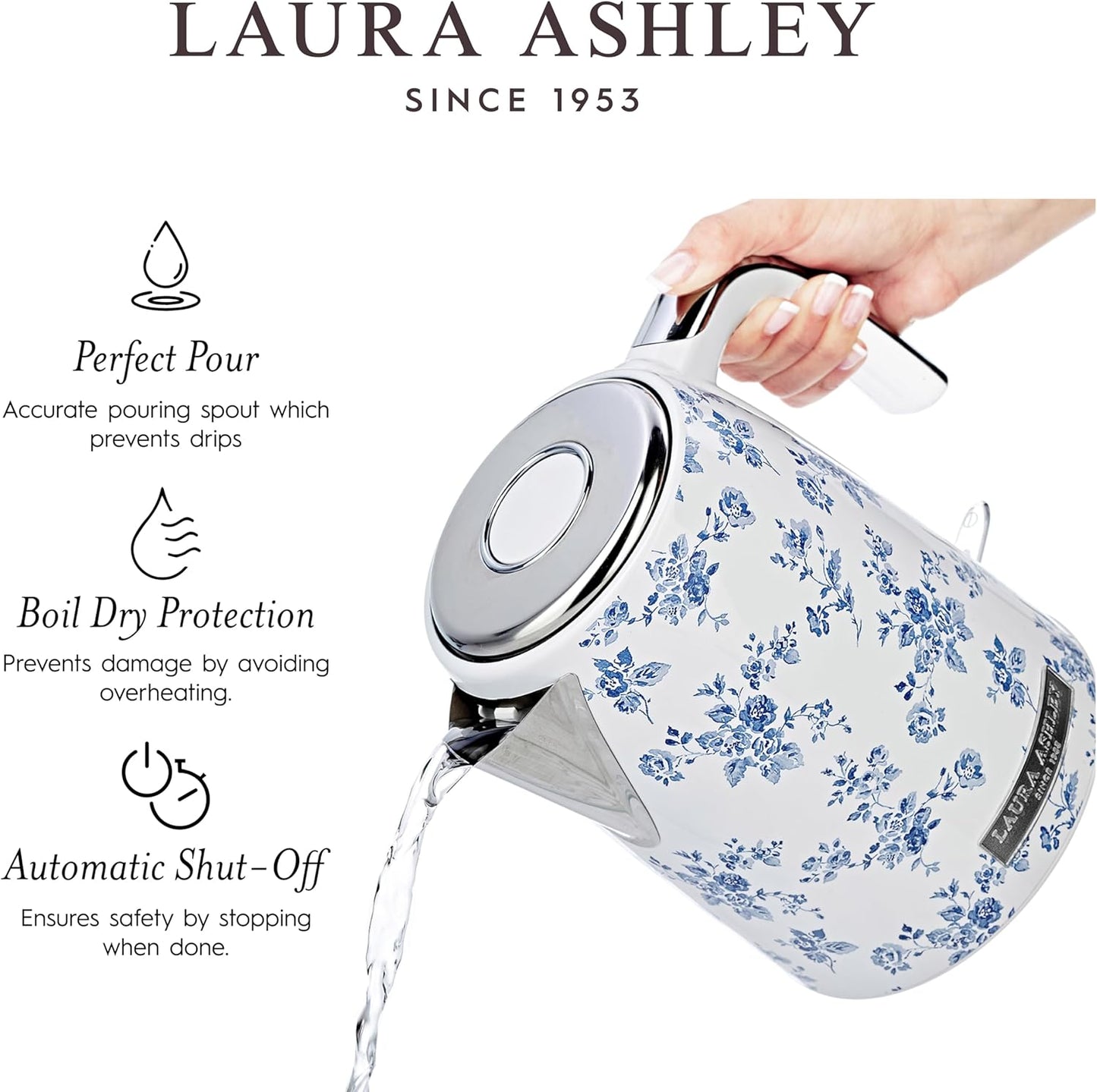 Chaleira Elétrica 1,7L Laura Ashley Rosa China Floral, Aço Inox, Proteção Superaquecimento, Filtro Anticalcário, 1500W, 110V