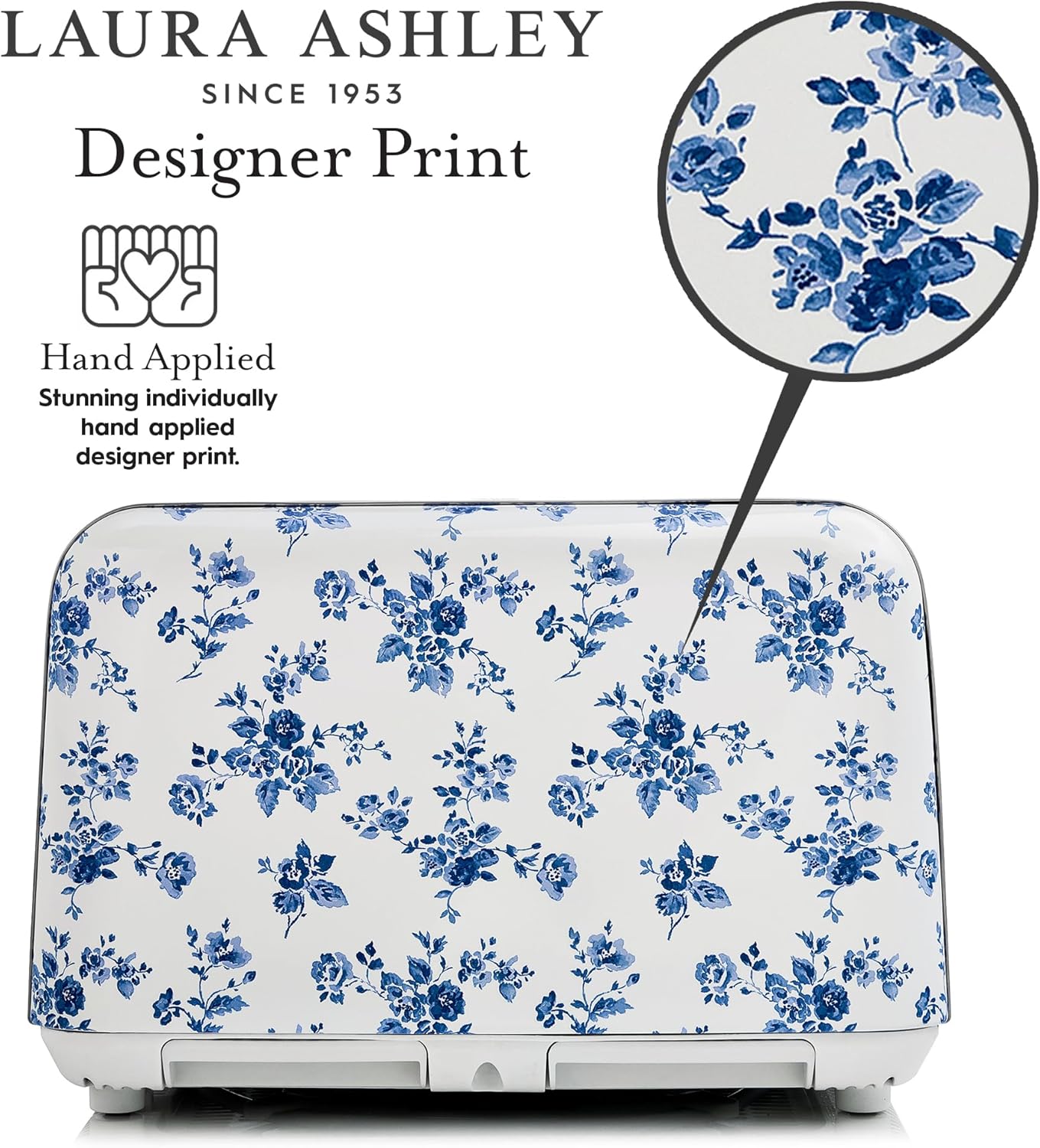 Torradeira 4 Fatias em Aço Inox Laura Ashley Rosa China com estampa floral, Slots Largos, 7 Níveis, Funções Descongelar, Reaquecer, Rack para Croissants, 1500W, 110V