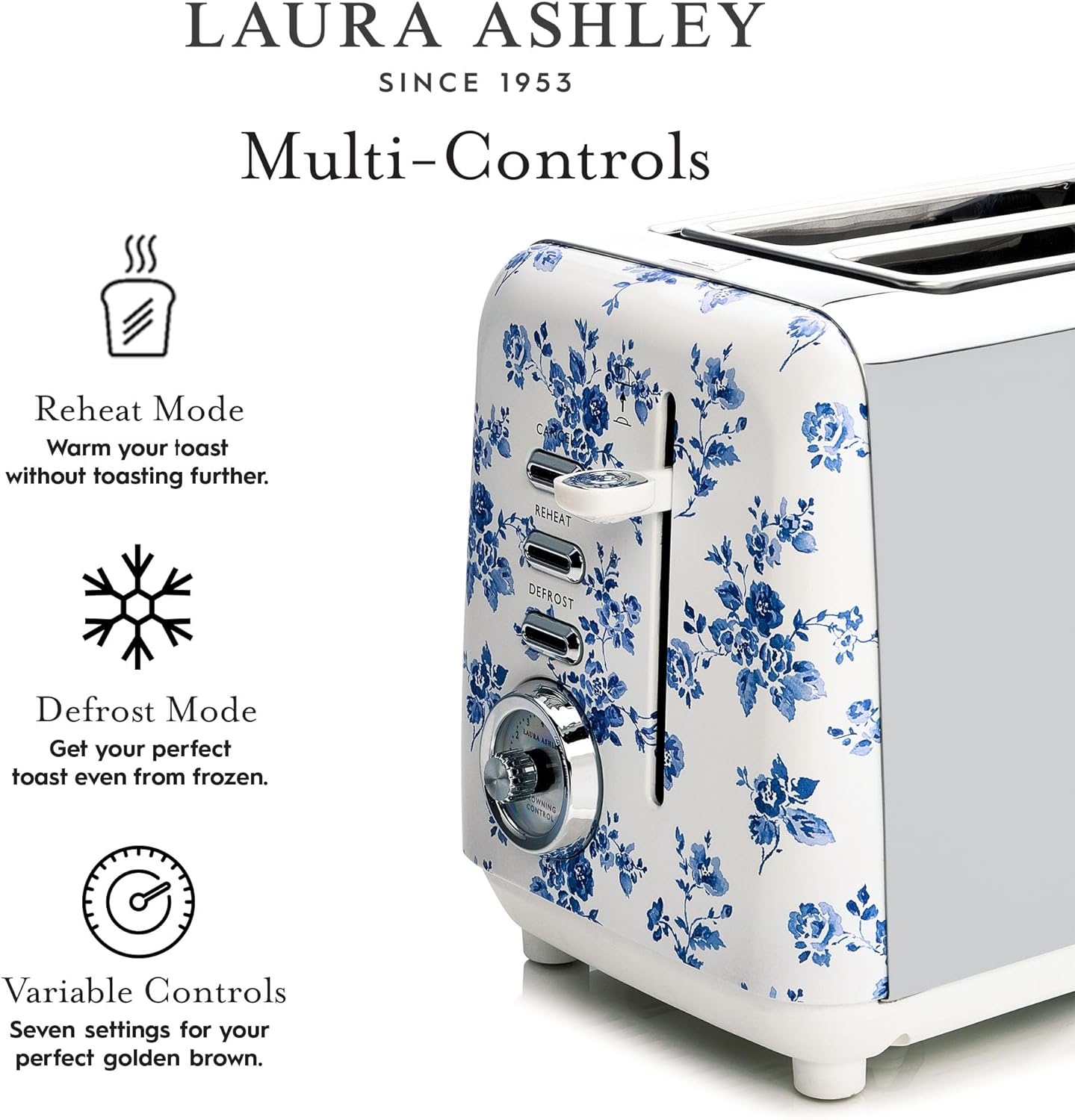 Torradeira 2 Fatias em Aço Inox Laura Ashley Rosa China com estampa floral, Slots Largos, 7 Níveis, Funções Descongelar, Reaquecer, Rack para Croissants, 850W, 110V