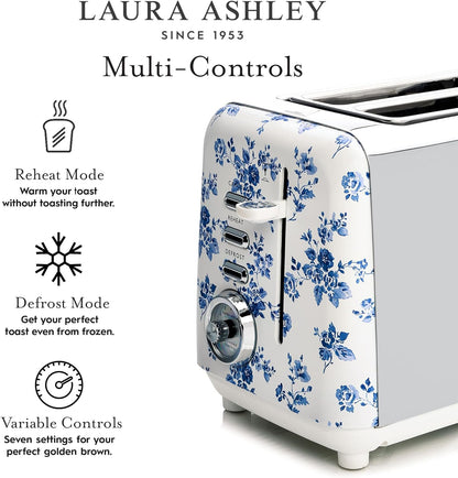 Torradeira 2 Fatias em Aço Inox Laura Ashley Rosa China com estampa floral, Slots Largos, 7 Níveis, Funções Descongelar, Reaquecer, Rack para Croissants, 850W, 110V