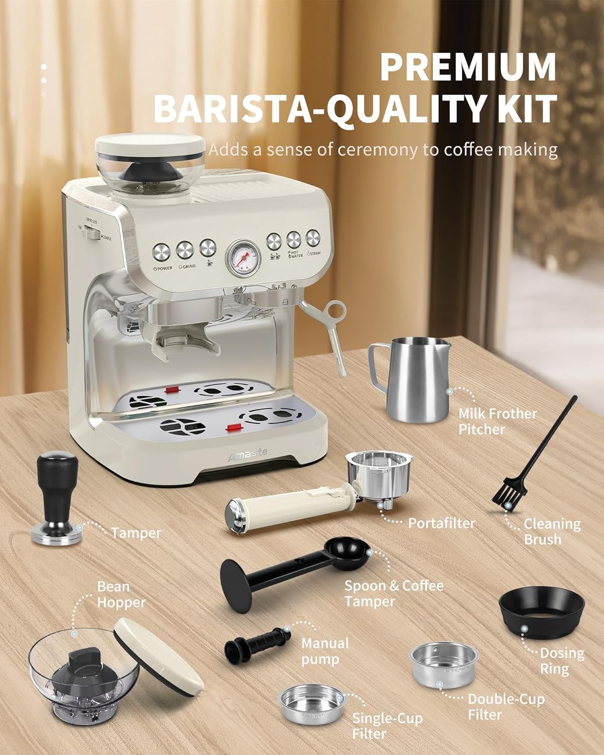 Cafeteira Espresso Amaste 15 Bar com Moinho Integrado, Vaporizador, 2L Branco, Kit Barista, Pre-Infusão, AC-517EA 110V